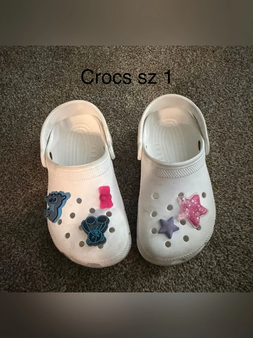 CROCS White Kids Clog with Pink & Purple Charm Accents sz 1
